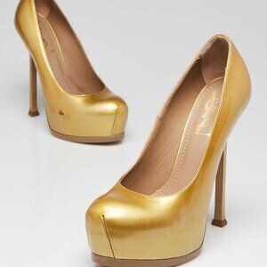 Yves Saint Laurent Gold Patent Leather Tribtoo Platform Pumps Size 5.5/36